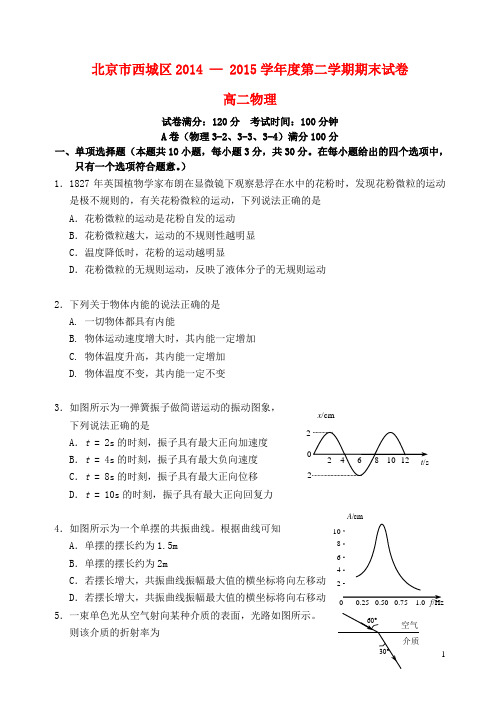 北京市西城区高二物理下学期期末考试试题