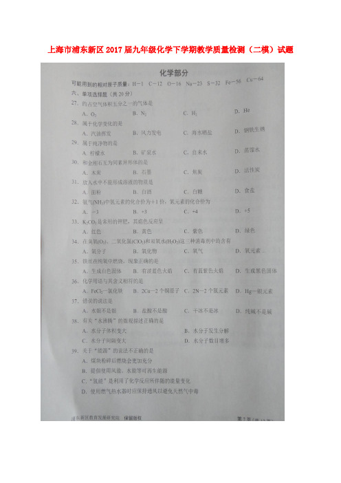 上海市浦东新区2017届九年级化学下学期教学质量检测二模试题