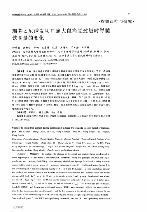 瑞芬太尼诱发切口痛大鼠痛觉过敏时脊髓铁含量的变化解析
