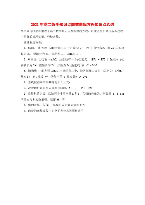2021年高二数学知识点圆锥曲线方程知识点总结  