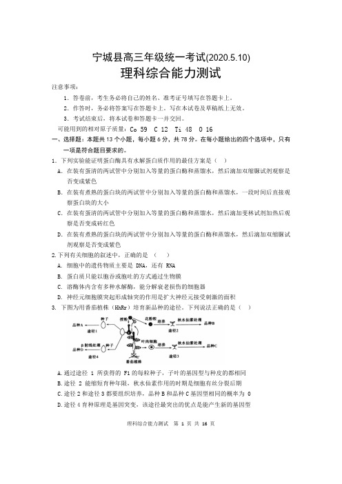 内蒙古赤峰市宁城县2020届5月份高三(二模)考试理科综合试题(含答案)