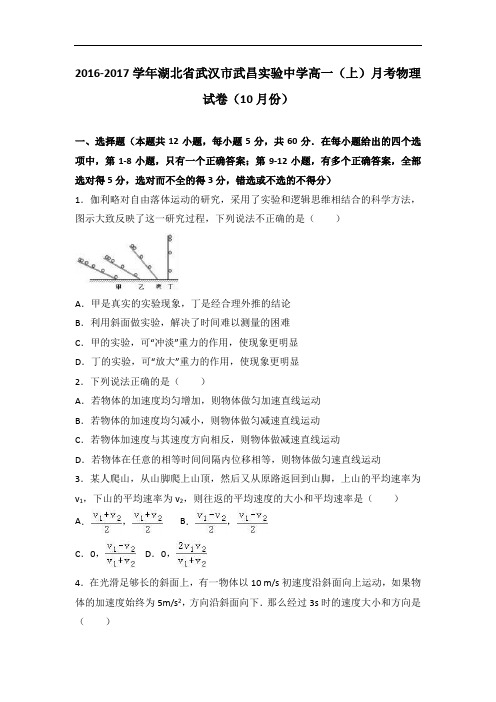 湖北省武汉市武昌实验中学2016-2017学年高一上学期月考物理试卷(10月份)