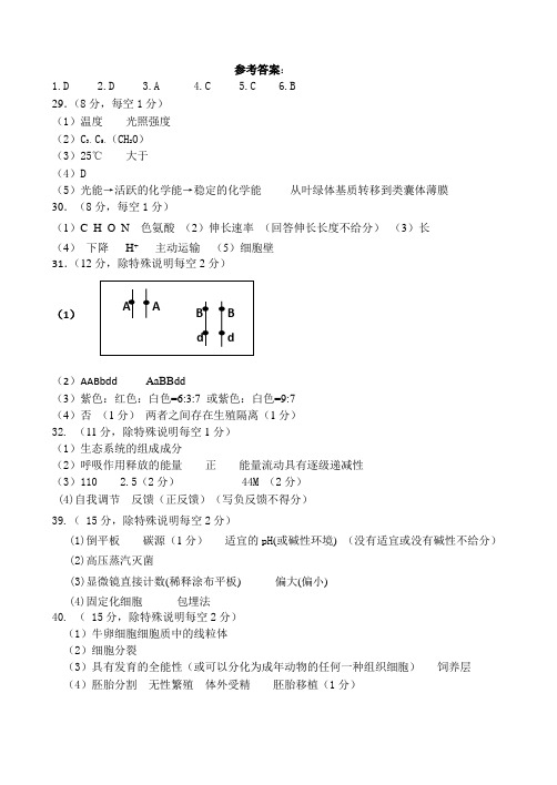 2014中原名校高考全仿真模拟考试生物答案