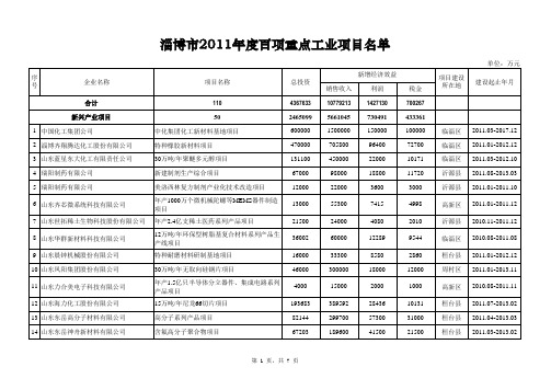 淄博市2012年度百项重点工业项目名单