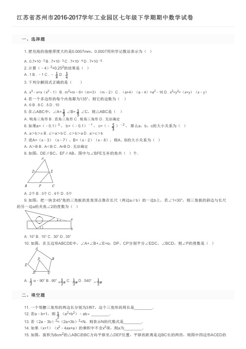江苏省苏州市2016-2017学年工业园区七年级下学期期中数学试卷      及参考答案