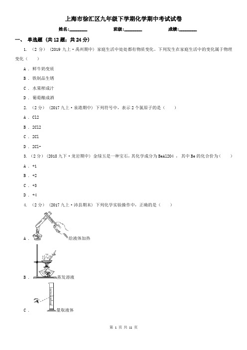 上海市徐汇区九年级下学期化学期中考试试卷