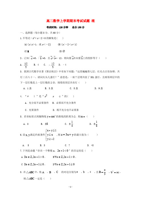 广西2020学年高二数学上学期期末考试试题理 