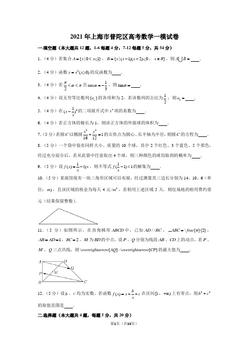2021年上海市普陀区高考数学一模试卷(含详细解析)