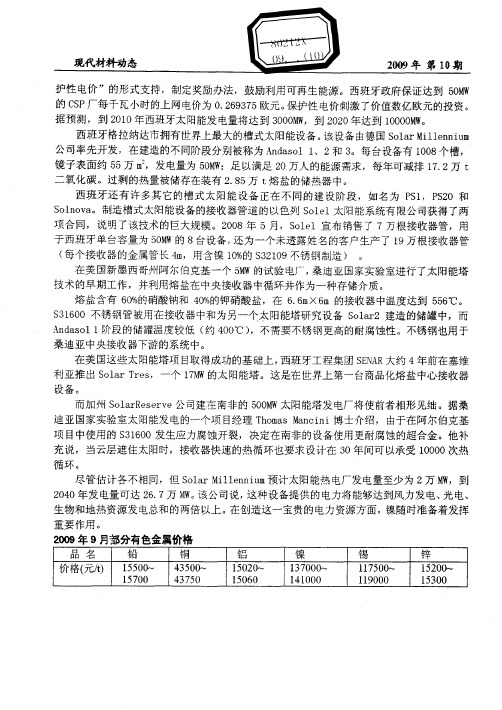 2009年9月部分有色金属价格
