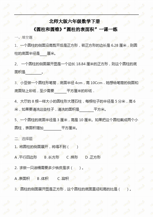 六年级数学下册一课一练-圆柱的表面积   北师大版