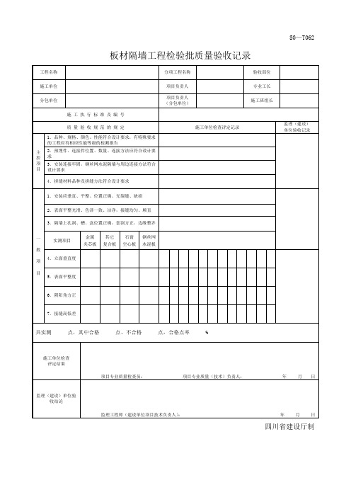四川-板材隔墙工程检验批质量验收记录 SG-T062