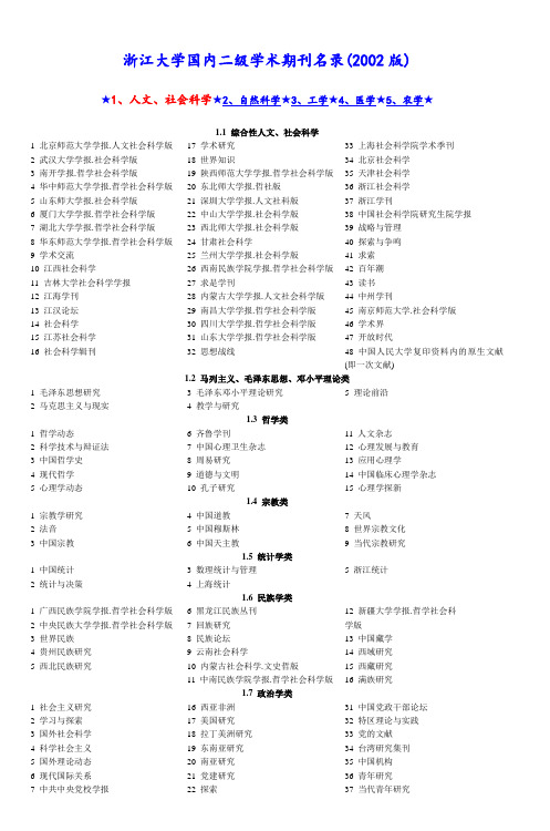 浙江大学国内二级学术期刊名录(2002版)