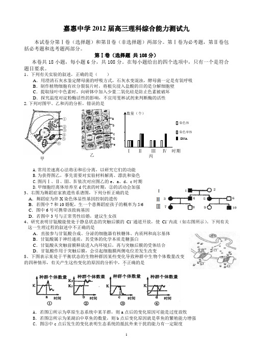 嘉惠中学2012届高三理科综合能力测试九