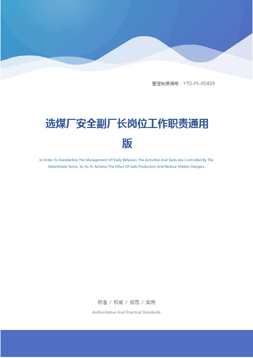 选煤厂安全副厂长岗位工作职责通用版