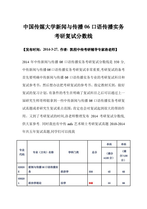 中国传媒大学新闻与传播06口语传播实务考研复试分数线