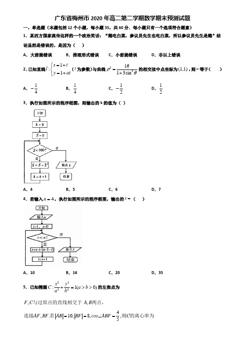 广东省梅州市2020年高二第二学期数学期末预测试题含解析