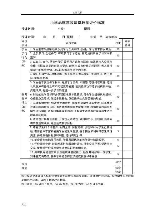 小学各学科高效课堂教学评价与衡量实用标准