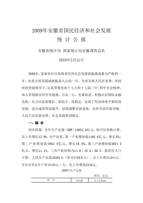 2009年安徽省国民经济和社会发展