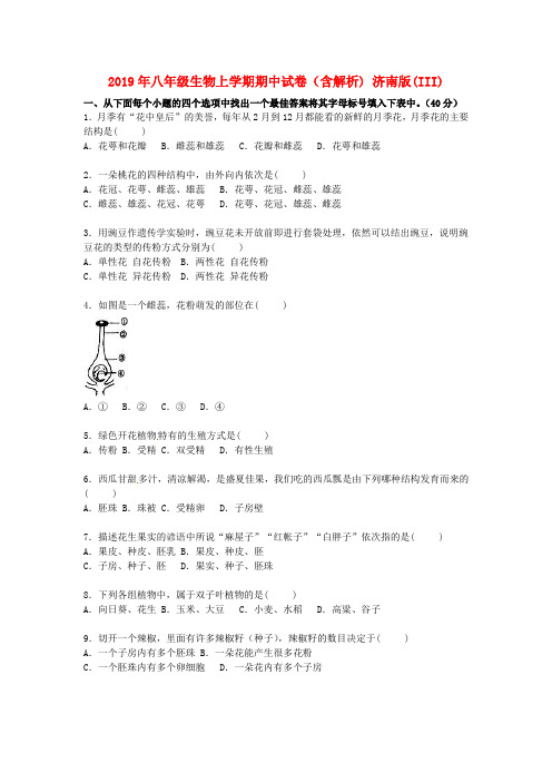2019年八年级生物上学期期中试卷(含解析) 济南版(III)