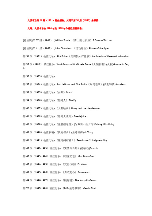 奥斯卡(美国电影学院奖)历届最佳化妆