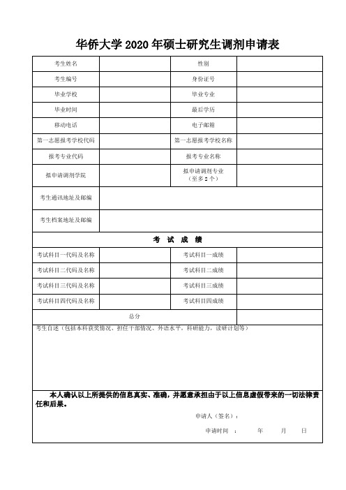 厦门大学硕士研究生调剂申请表