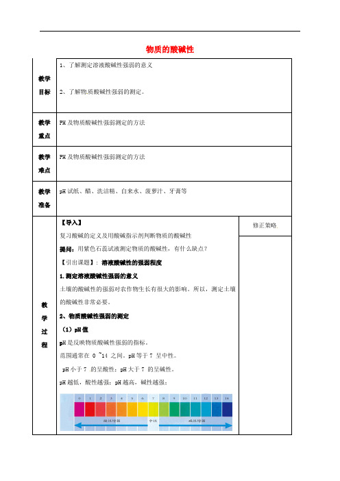 九年级科学上册 1.2.2 物质的酸碱性教案 (新版)浙教版