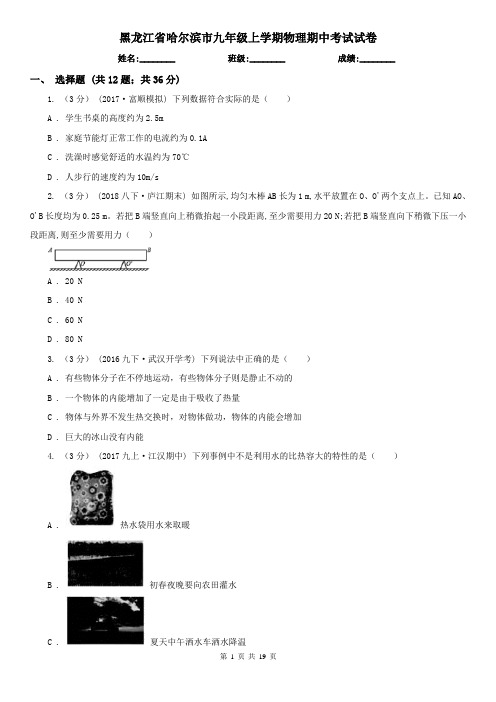 黑龙江省哈尔滨市九年级上学期物理期中考试试卷