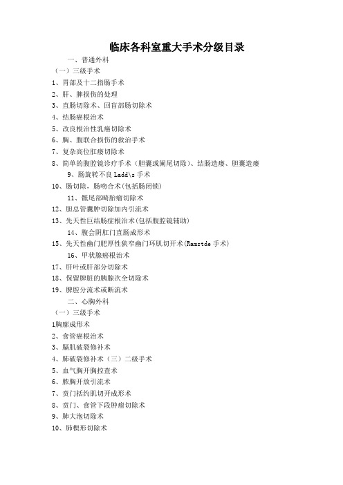 临床各科室重大手术分级目录