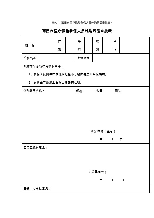 莆田市医疗保险参保人员外购药品审批表》