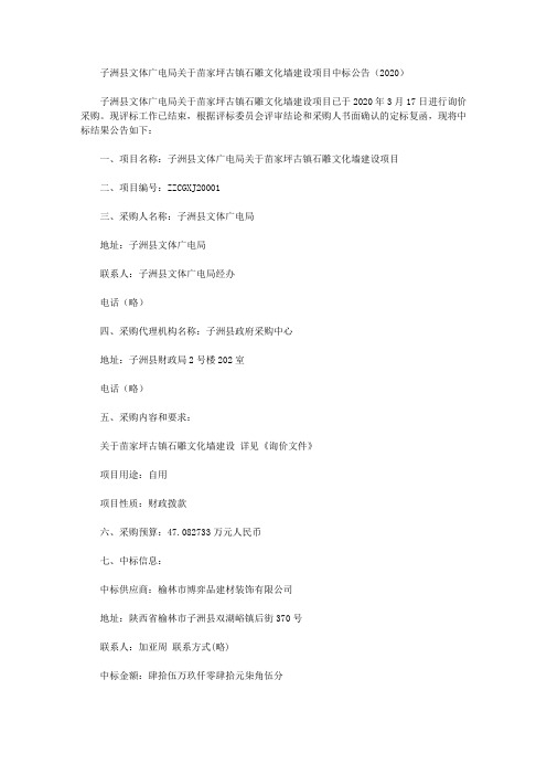 子洲县文体广电局关于苗家坪古镇石雕文化墙建设项目中标公告(2020)