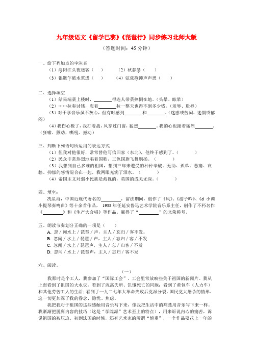 九年级语文《留学巴黎》《琵琶行》同步练习北师大版