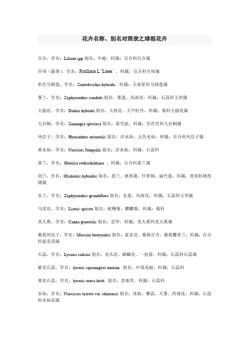 花卉名称、别名对照表(包括球根花卉、常绿花卉和一、二年生草花)
