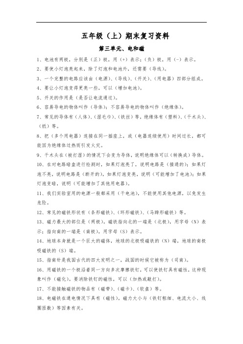 苏教版五年级上册科学第三单元电和磁试题含答案
