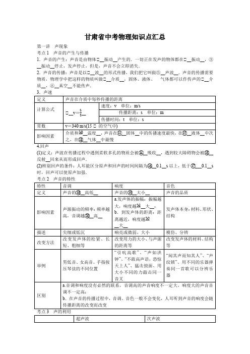 甘肃省中考物理知识点汇总