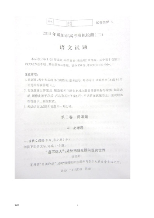 重点名校高考冲刺仿真模拟卷_陕西省咸阳市2015年高考模拟考试(二)语文试题(扫描版)[精校版]