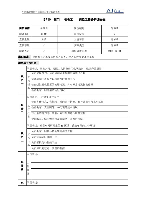 中顺纸业工作分析调查表-毛布工.doc