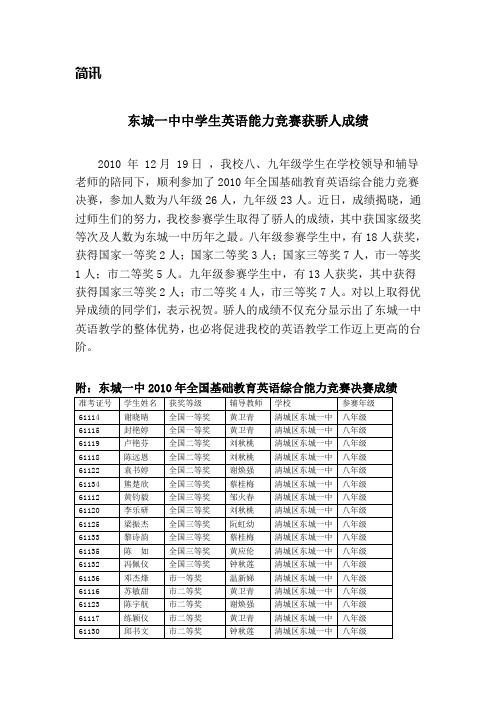 简讯：东城一中英语竞赛结果揭晓