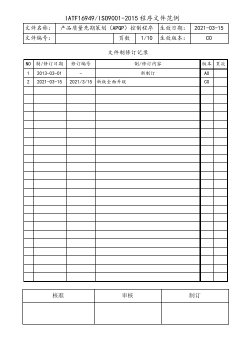 IATF16949产品质量先期策划APQP控制程序