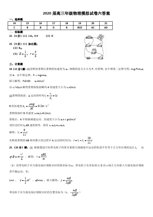2020届山西省大同市第一中学高三下学期在线高考模拟卷(六)理综物理答案