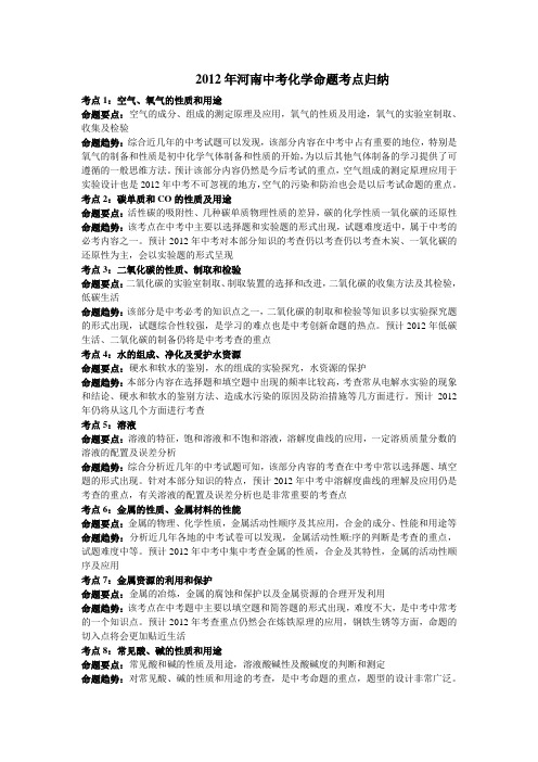 2012年河南省中考化学命题考点