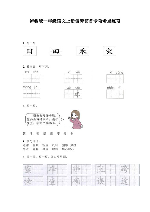 泸教版一年级语文上册偏旁部首专项考点练习