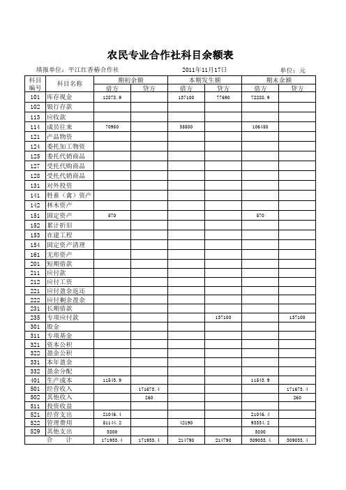 农民专业合作社-科目余额表竖表EXCEL模板