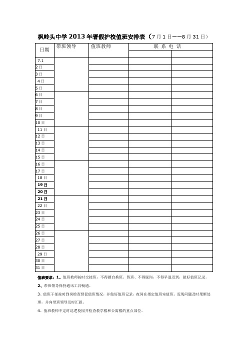 枫岭头中学2013年署假护校值班安排表