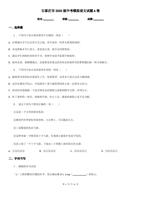石家庄市2020版中考模拟语文试题A卷