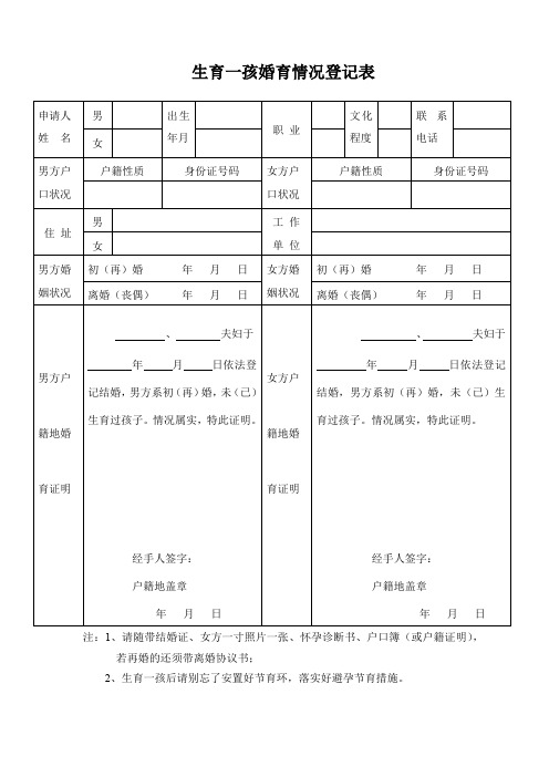 生育一孩婚育情况登记表