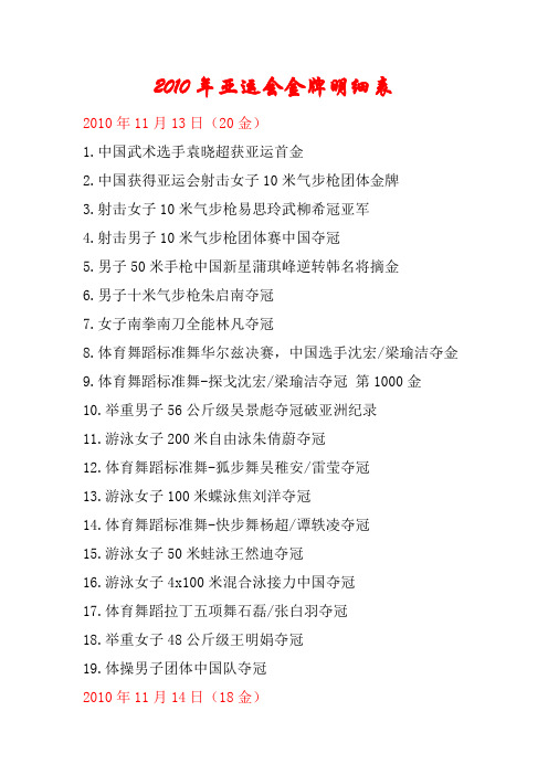 亚运金牌明细