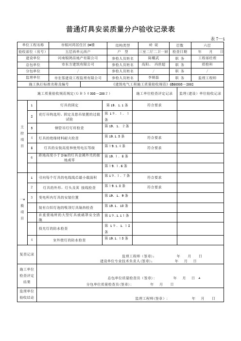 普通灯具安装质量分户验收记录表