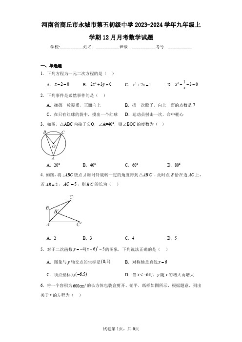 河南省商丘市永城市第五初级中学2023-2024学年九年级上学期12月月考数学试题