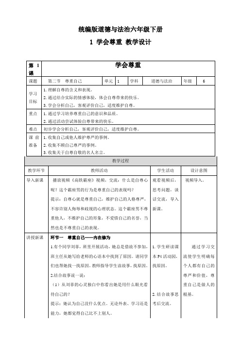 六年级下册道德与法治第1课学会尊重教案