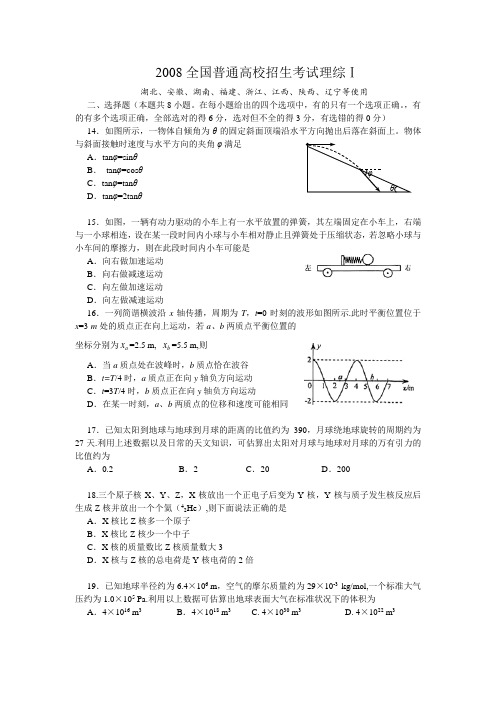 2008全国普通高校招生考试理综Ⅰ(物理部分)及详解